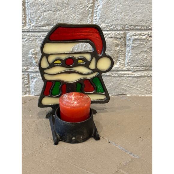 Vintage Christmas Tealight Candle Holder Santa Claus Stained Glass - Picture 8 of 9